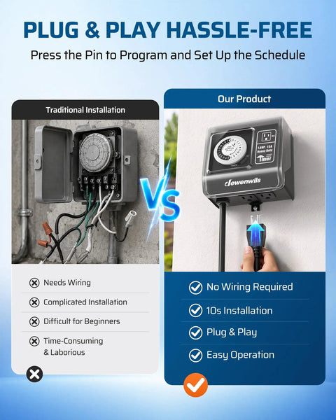 Comparison image highlighting Straight Shooting 1HP Heavy Duty Outdoor Timer With 2 Outlets Mechanical Dial ease of use features.