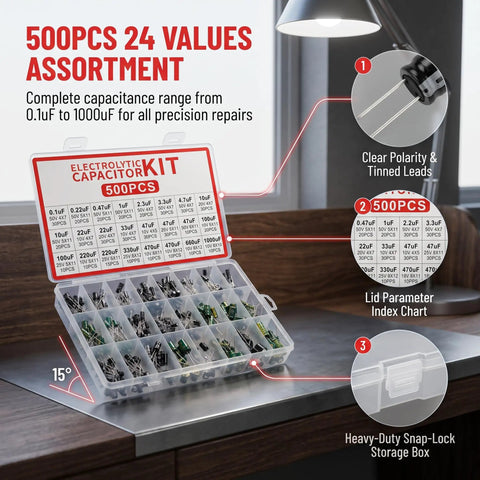 Top Shelf Aluminum Electrolytic Capacitor Assortment Kit 0.1Uf To 1000Uf featuring clear leads in storage box for DIY repairs.