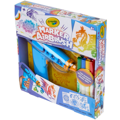 Rad Battery Powered Airbrush Marker Spray Craft Kit Smooth Glide Washable Ink Pens Plus Five Reusable Design Stencils Vibes, packaged with stencils and markers.