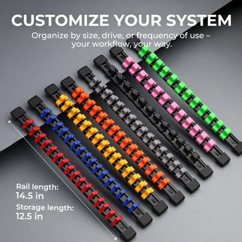 Beefy Heavy Duty Socket Organizer Rack with color-coded clips, showing quarter inch, three eighths inch, and half inch rail sizes