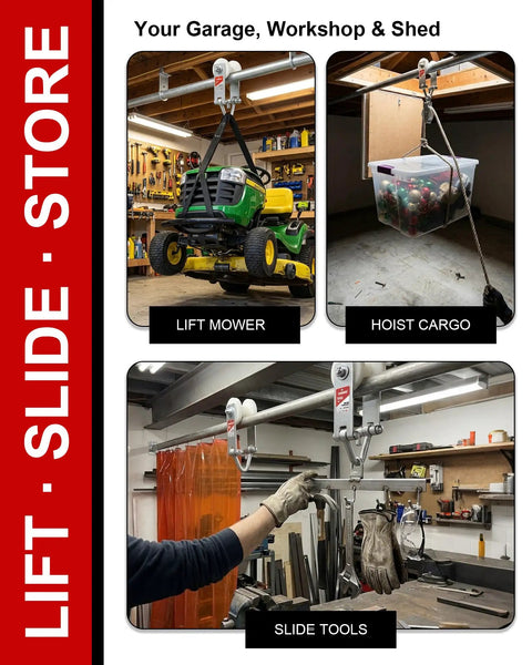 Heavy Duty Overhead Sliding Cart For Round Pipe Tracks 1000 Pound Capacity Garage Shop Storage Glide Rail System lifting mower and hoisting cargo.