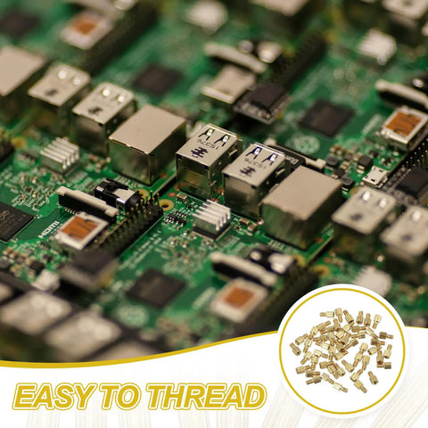 50 Piece M2 X 3 Plus 3 Millimeter Male Female Brass Hex Spacer Standoff Kit In Gold Finish For Fpv Drones Quadcopters And Pcb Motherboards close-up on circuit board and spacers, showing easy installation and fit.