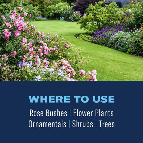 Beautiful garden with rose bushes and trees, suitable for 3 In 1 Insecticide And Fungicide For Plants Ready To Spray 32 Oz Boss Level Pest Defense.