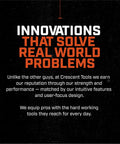 Innovations text on black background promoting Crescent Tools reputation and user-focused design for solving real-world problems.