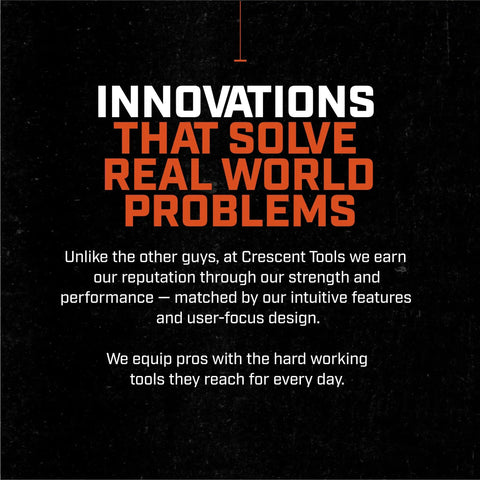 Innovations text on black background promoting Crescent Tools reputation and user-focused design for solving real-world problems.