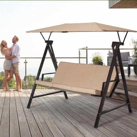 Three Seater Outdoor Swing With Canopy And Stand Heavy Duty 600 Lb Capacity All Weather Adjustable Canopy on deck with couple