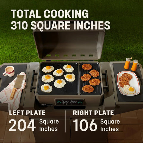 Heavy Duty Rolling Outdoor Kitchen Island Cart With Electric Griddle And Portable Bbq Grill with total cooking area shown.