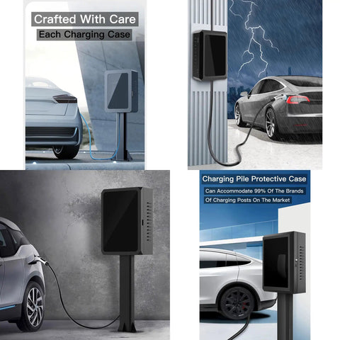 Heavy Duty Outdoor EV Charger Lock Box With Key, Black 27.5 Inches mounted on wall, shielding EV charging connector from elements.
