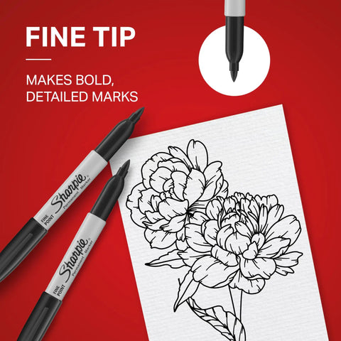 Premium Fine Tip Permanent Markers In Solid Black Pack Of 5 Quick Drying Bold Ink That Flows Like Butter On Paper Metal Or Plastic Water Resistant Fade Proof Sweet Buy For School Or Creative Builds with fine tip making detailed marks on a flower sketch.
