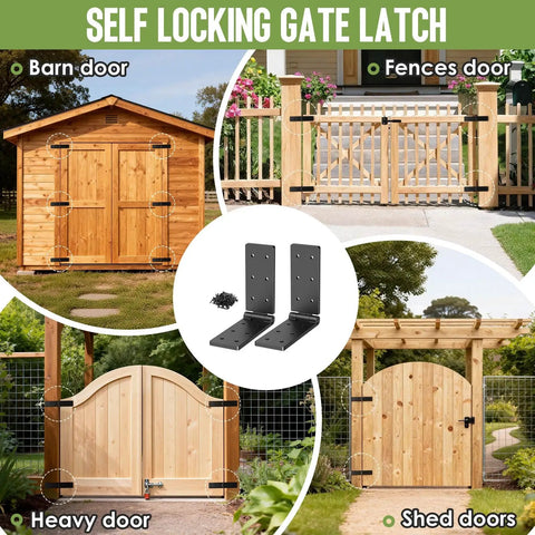 Self locking gate latch images include barn, fence, heavy and shed doors with black hinge hardware for various installations.