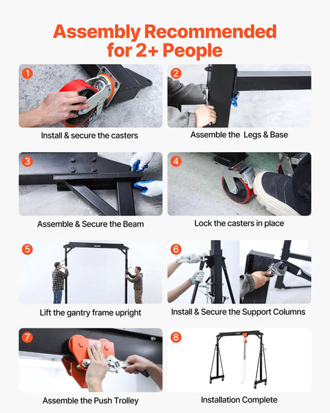 Height Adjustable Gantry Crane 5000 Lbs Capacity Rock Solid Portable Shop Lift Hoist assembly instructions with assembly steps shown.