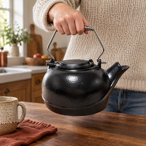 Solid Cast Iron Wood Stove Steamer And 3 Qt Humidifier Kettle featuring a sturdy chrome handle, being held above a wooden table.