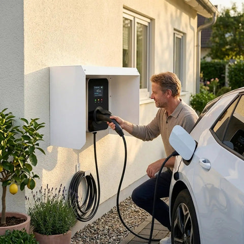 Heavy Duty Outdoor EV Charger Enclosure And Rainproof Steel Cover With Wall Mount Build, man charging electric vehicle.