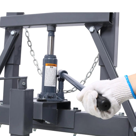 Heavy Duty Adjustable Height Dual Wheel Dolly With 1500 Lbs Lift Capacity for rig moving, featuring a hydraulic jack and safety warning.