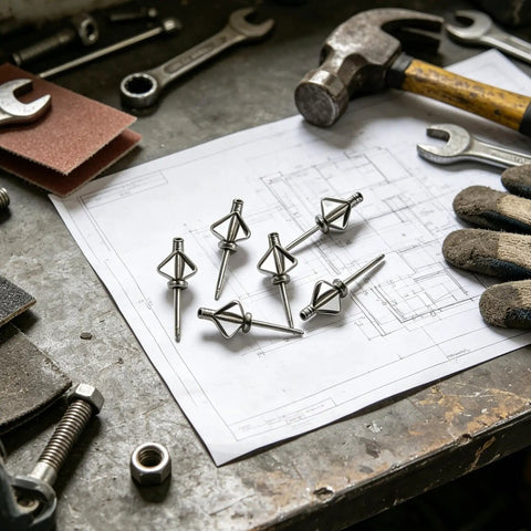 Mandrel Pop Rivets Kit With 4 By 5 Eighths Inch Assorted Sizes on workshop table with tools and blueprint