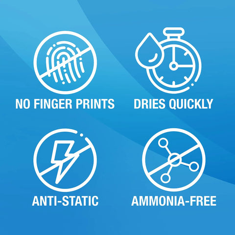 Icons showing features of Electronics Cleaning Wipes For TVs Phones Monitors And All Your Gadgets Comes With Microfiber Towel 30 Count Gentle Safe Non Abrasive Screen Cleaning For Everyday Use: no fingerprints, dries quickly, anti-static, ammonia-free.