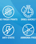 Features of Dope All In One Electronics Cleaning Spray Kit With Microfiber Towel: no fingerprints, dries quickly, anti-static, ammonia-free.
