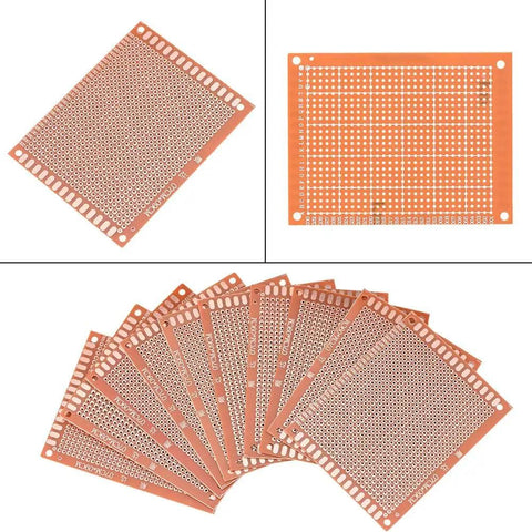 10 Pack Single Sided PCB Prototype Boards Kit for DIY Electronics, showing multiple 7x9cm circuit boards with 1.2mm holes