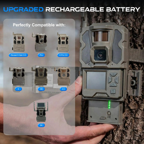 Heavy Duty 2 Pack 6000mAh Rechargeable Lithium Battery Compatible With Reveal Cellular Trail Camera shown with various models.
