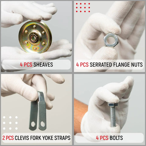 Heavy Duty Garage Door Pulley Kit Constructed From Tough Steel With Zero Hassle Hardware For Fast Weekend Warrior Upgrades Guaranteeing Silky Smooth Track Operation Daily four sheaves, serrated flange nuts, clevis fork yoke straps, and bolts.