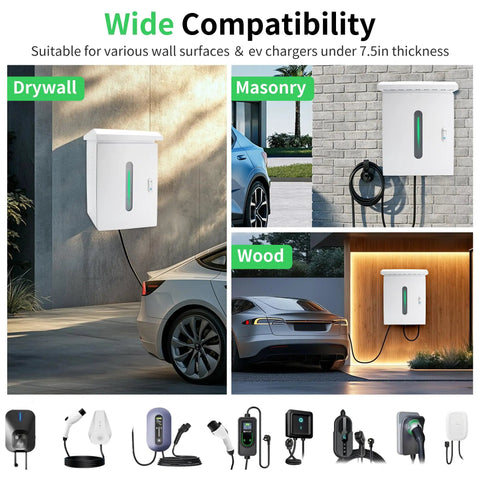 Keep Your Ride Secure With This Heavy Duty Outdoor EV Charger Lock Box Featuring Bright Viewable Window Compatible With Tesla Wall Mount And Universal Cables Smooth Garage Setup on various surfaces.