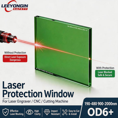 Premium Dual Band Laser Safety Window Featuring Heavy Duty Optical Glass Shield Built Real Tight For Protecting 450Nm And 1064Nm Fiber Laser Cabinets OD6 Rating shown with laser exposure.