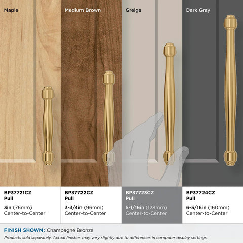Comparison of Enlivity Champagne Bronze Cabinet Pulls in various sizes and styles on different wood finishes.