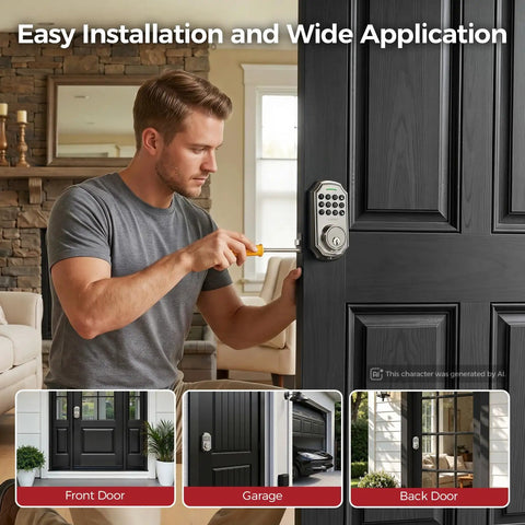 No More Fumbling Keyless Entry Door Lock For Front Door With Keypad And One Hundred Stored Codes Rock Solid Electronic Deadbolt Auto Lock Easy Install Satin Nickel Finish, man installing on front door.