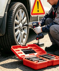 Man using an electric wrench on a tire with an Eight Piece Spline Lug Nut Socket Set Sae Metric Wheel Lock Removal Kit Cr Mo Steel.