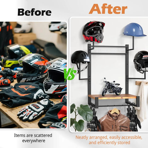 Before and after showing Heavy Duty Motorcycle Helmet Holder Wall Mount, Durable Timber Gear Storage Rack organizing helmets and gear.
