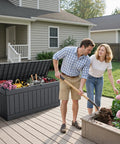 Couple gardening near open 80 Gallon Resin Outdoor Storage Box With Wood Texture Waterproof Deck Box For Patio Cushions And Outdoor Gear No Fuss All Weather Storage Bin Grey That Stays Dry