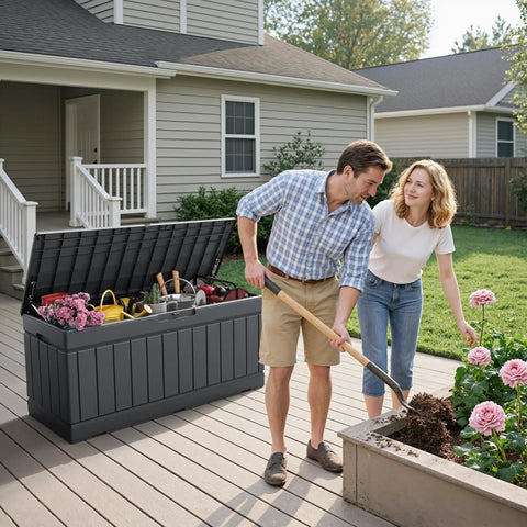 Couple gardening near open 80 Gallon Resin Outdoor Storage Box With Wood Texture Waterproof Deck Box For Patio Cushions And Outdoor Gear No Fuss All Weather Storage Bin Grey That Stays Dry