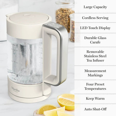 Electric Kettle With Removable Stainless Steel Tea Infuser And Glass Carafe 1.7L For Quick Boil Up To 7 Cups, 4 Presets, Linen White