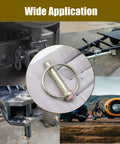 Rock Solid 6 Pack 3 8 Inch Lynch Pin Clips With Safety Retaining Rings For Trailer Hitch And Tow Cargo Carrier  image showing applications in trailer and utility settings.