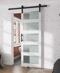 Pretty Dang Sleek Modern Glass Barn Door 36 By 84 Inches For Private Rooms Featuring Frosted Panels And Clear Glass To Keep Your Vibe Chill Plus Includes An Easy Slide Hardware Kit For Quick Setup, installed in a cozy interior.
