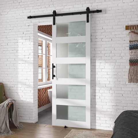 Pretty Dang Sleek Modern Glass Barn Door 36 By 84 Inches For Private Rooms Featuring Frosted Panels And Clear Glass To Keep Your Vibe Chill Plus Includes An Easy Slide Hardware Kit For Quick Setup, installed in a cozy interior.