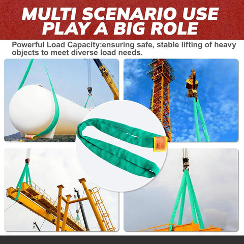 Green Polyester Endless Round Lifting Sling For Hoist Use with 5300 lb vertical load in various scenarios with cranes and hoists.