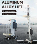 Electric Single Mast Aluminum Alloy Vertical Lift Portable Aerial Work Platform 6M To 10M shown with smooth rise and fall feature.