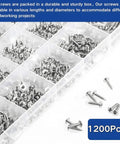 No Nonsense 1200 Pcs Silver Carbon Steel Self Tapping Screw Pack M1.2 To M2.3 Assorted Kit With Built In Washers in durable storage box.