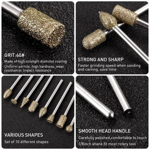 Rotary Tool Diamond Burr Bit Set, 20Pcs Diamond Coated Grinding Bits with 1/8 Inch Shank shown in various shapes and grit 60 texture
