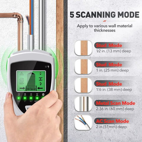 No Sweat Stud Finder And Wall Scanner With Hd Lcd Display showing 5 scanning modes for wood, metal, pipe detection and calibration.