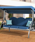 Three Seat Outdoor Porch Swing With Stand 800 Lb Capacity 2 In 1 Convertible Swing Bed With Adjustable Canopy And Removable Cushions