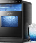 Nugget Ice Maker For Countertop With 44 Lb Per Day Capacity Self Cleaning Black Stainless Steel Portable Ice Machine next to glass of ice.