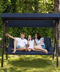 Three Seat Outdoor Porch Swing With Upgraded One And A Half Inch Cup Holder Comfy Adjustable Canopy And Backrest Cushions Weatherproof Steel Frame For Garden Deck Or Poolside Blue with three people sitting.