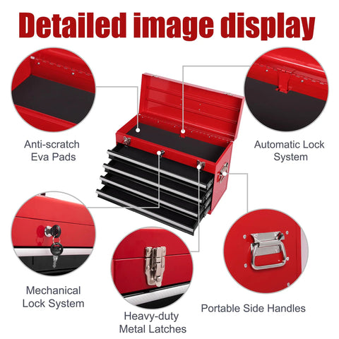 Badass 4 Drawer Tool Chest 21 Inch Steel Portable Toolbox showing anti-scratch eva pads and mechanical lock system.