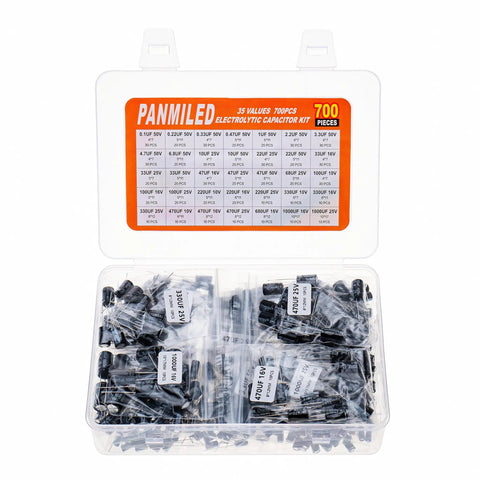 Killer Aluminum Electrolytic Capacitor Assortment Kit With 700 Pieces Across 35 Values Ranging From.1uf To 1000uf In 10v 16v 25v 50v Ratings in a clear storage case.