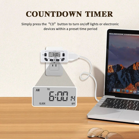 Drop Dead Simple 7 Day Programmable Digital Timer Outlet With 15 Amp Capacity Smooth Operation on a wooden desk near a laptop.