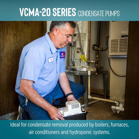 Technician installing VCMA-20 Series condensate pump for HVAC systems in utility room