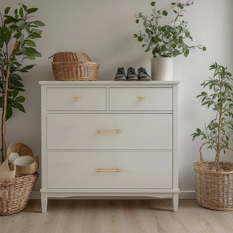 Top Shelf Ten Pack Champagne Bronze Cabinet Pulls Knockout 5 Inch Knurled Drawer Handle on stylish dresser with plants.
