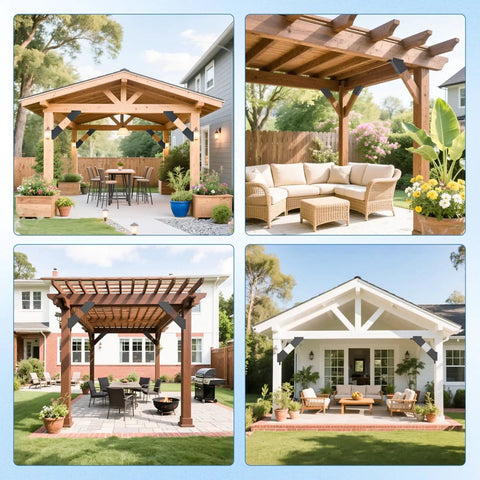 Installed Beefy 8 Pack 45 Degree Pergola Brackets for 4x4 Posts, Corner Support Kit in Black Weatherproof Steel for Gazebos